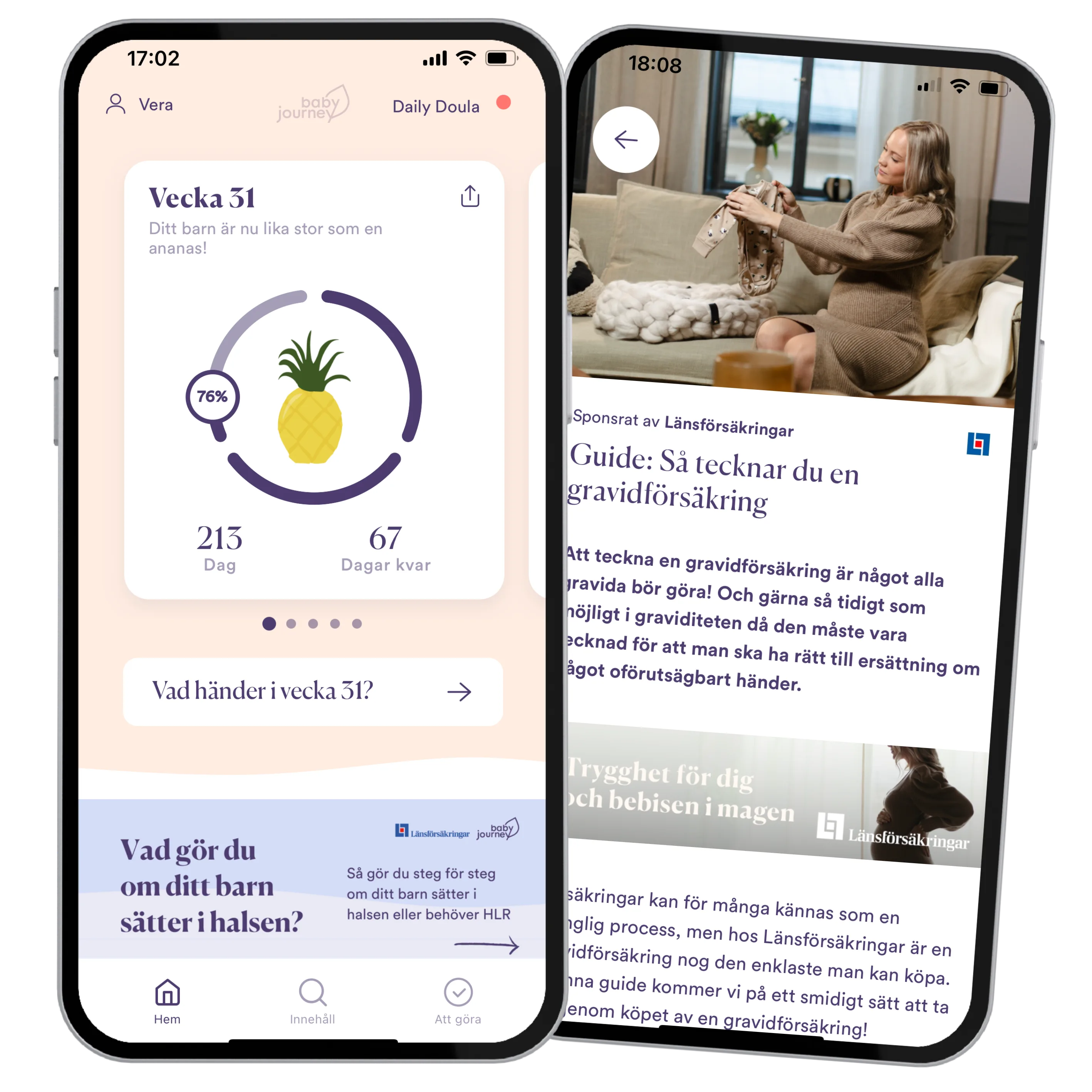 Två smartphones med skärmbilder från en graviditetsapp: den ena visar en veckouppdatering med barnets storlek och nedräkning, och den andra en artikel om gravidförsäkring.